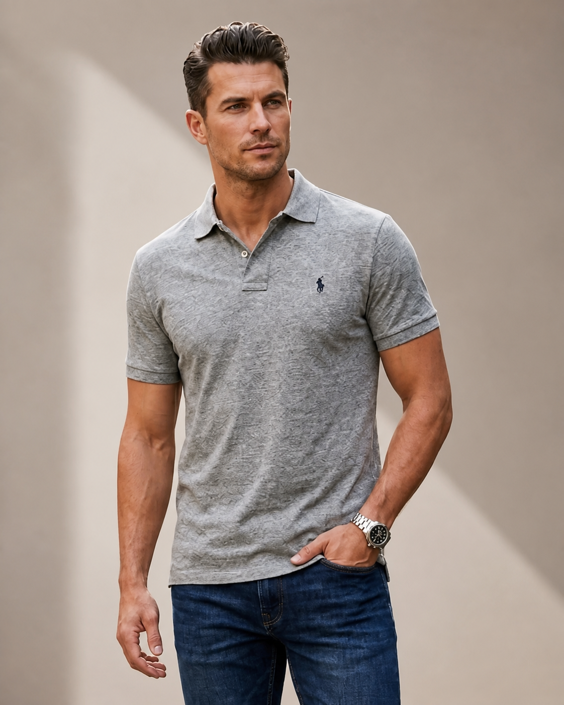Male model wearing the original gray polo in a studio