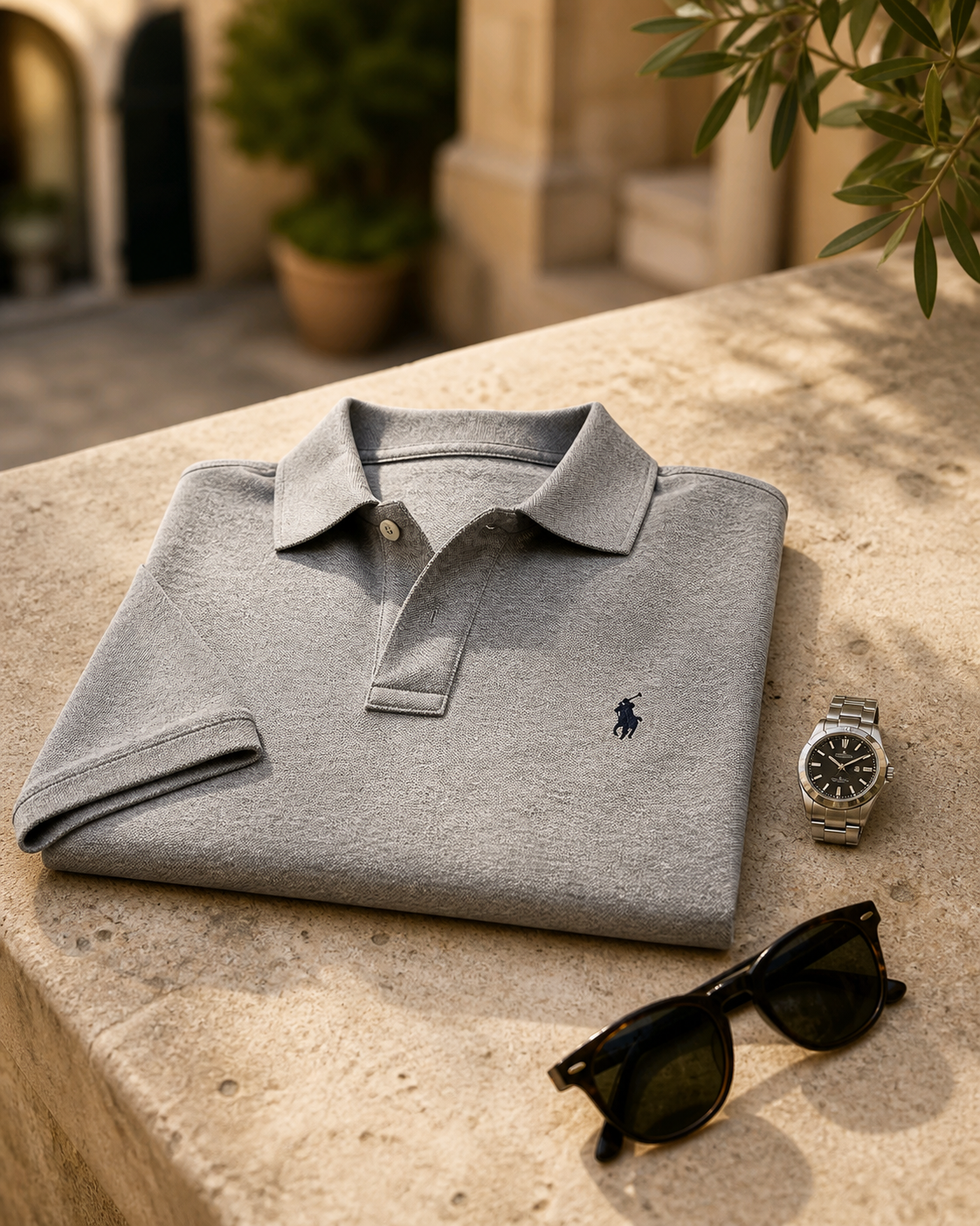 Gray polo styled in a warm lifestyle scene
